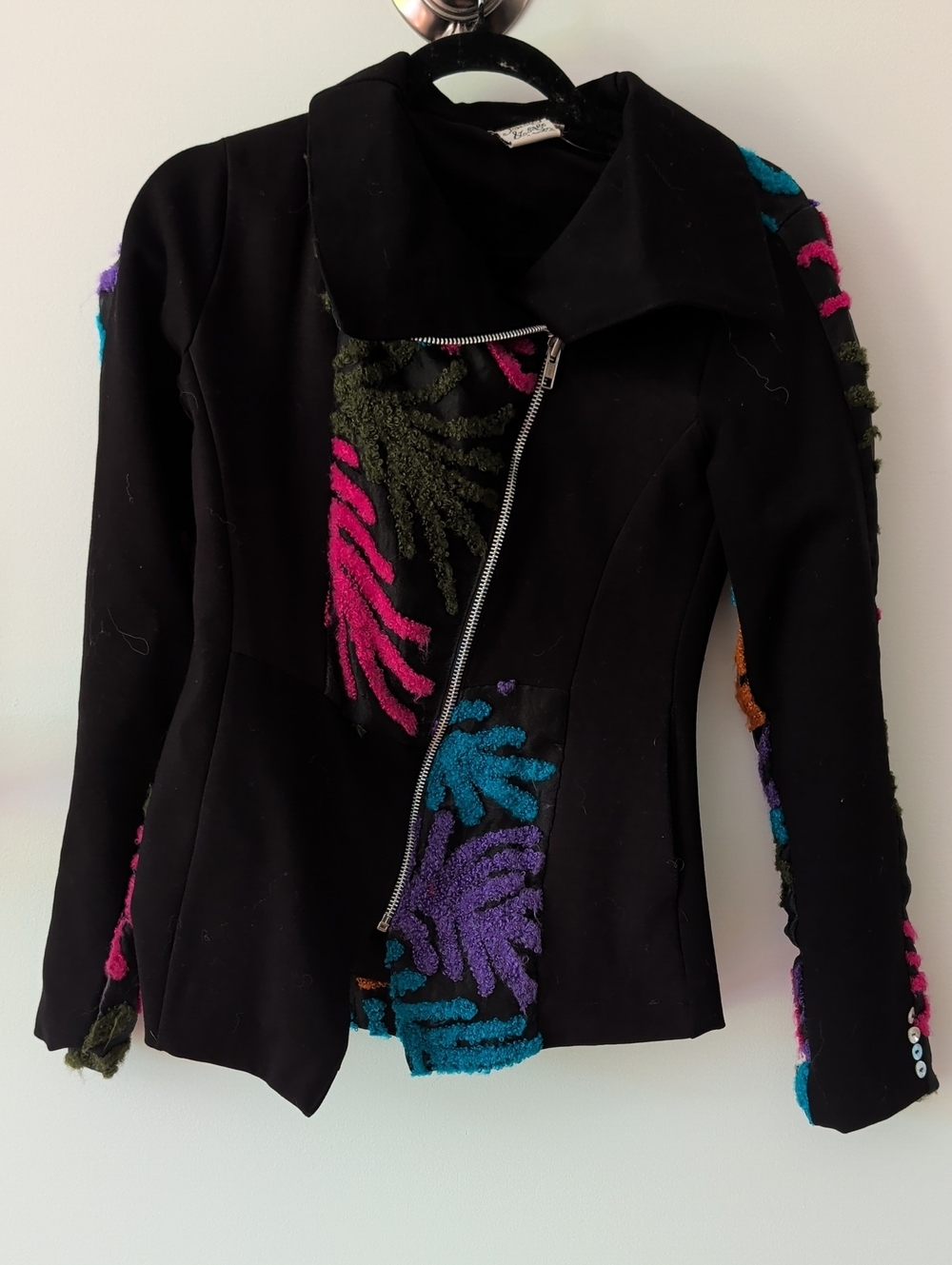 Black Women's Asymmetrical Zip Jacket with Multicolor Tufted Accents
